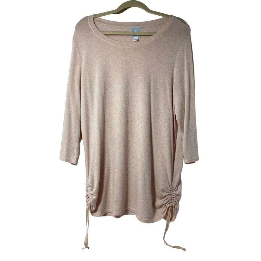 SUNDAY Women’s Side-Ruched Top, Pastel Heather Pink, Soft, Scoop Neck, Size L